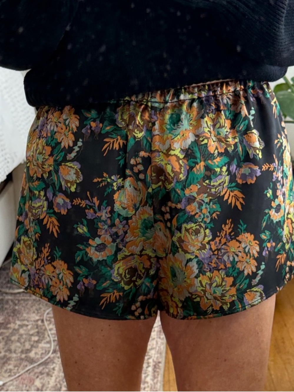 Anthropologie Black Floral Satin Shorts